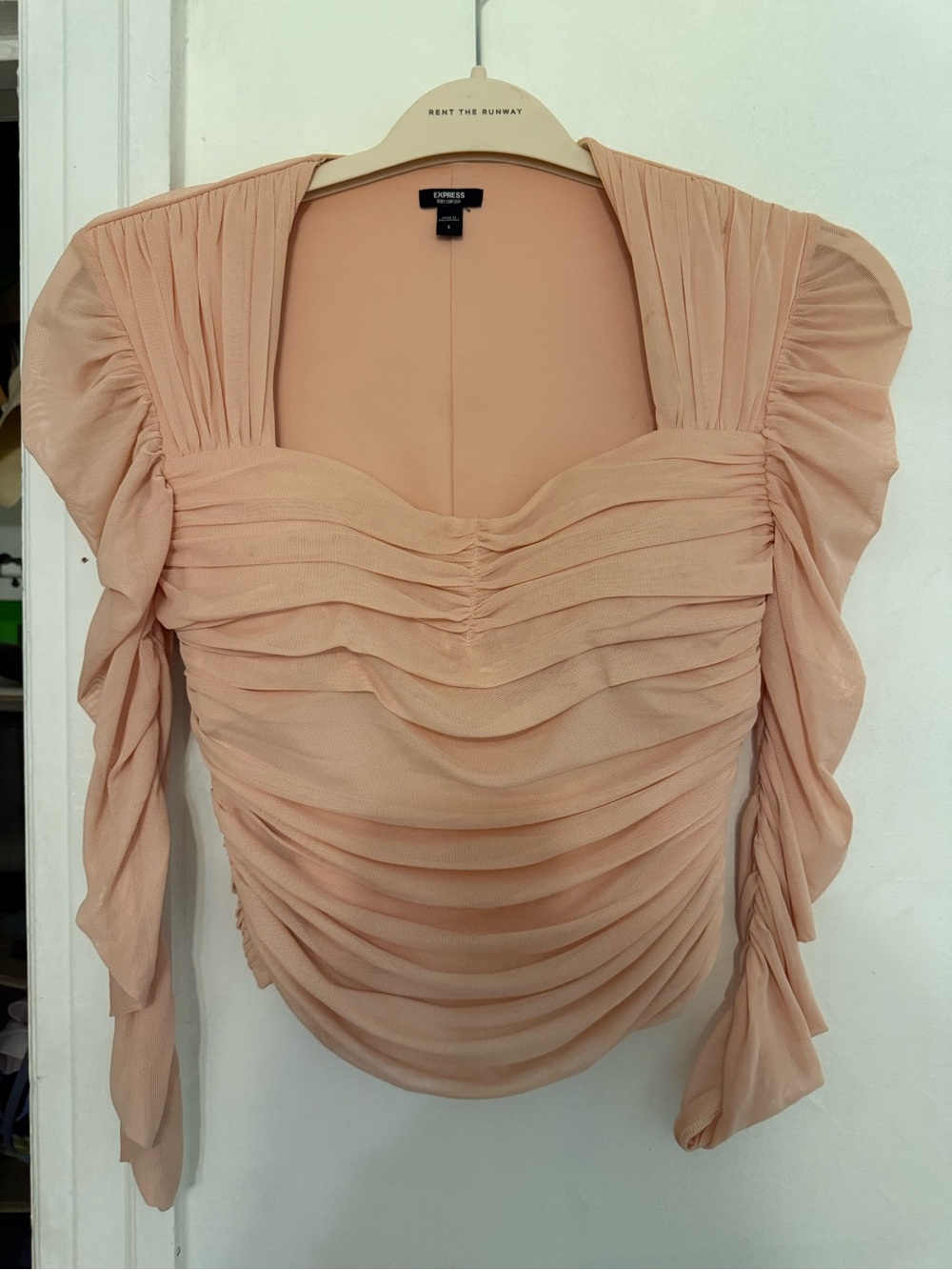 Express Peach Ruched Square-Neck Long Sleeve Top